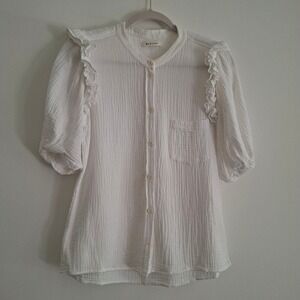 Masscob White Cotton Gauze Ruffle Shoulder Puff Sleeve Button Up Shirt M